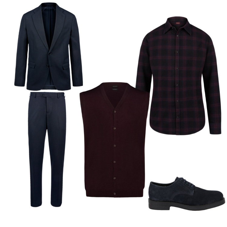 Outfit uomo - Calde sovrapposizioni. Stile Casual per Ufficio. Abbinamento con camicie, scarpe stringate, abiti, gilet.