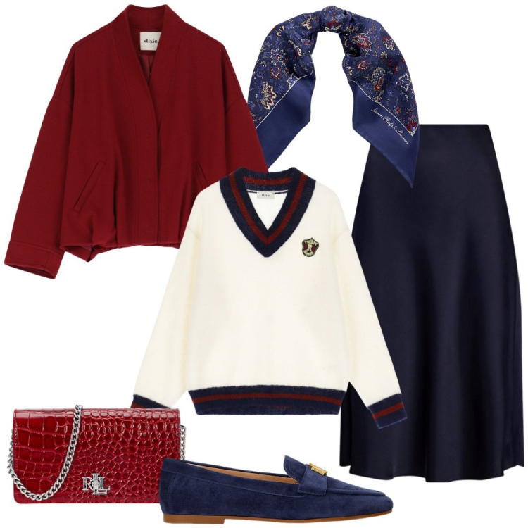 Outfit donna - Stile crociera. Stile Bon Ton per Tutti i giorni. Abbinamento con blazer, pullovers, mocassini, gonne, borse a mano, foulard.