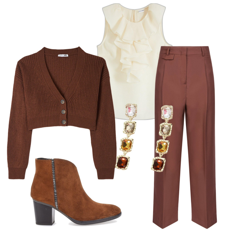 Outfit donna - Serata fuori. Stile Chic per Serata fuori. Abbinamento con bluse, cardigans, orecchini, stivaletti, pantaloni.