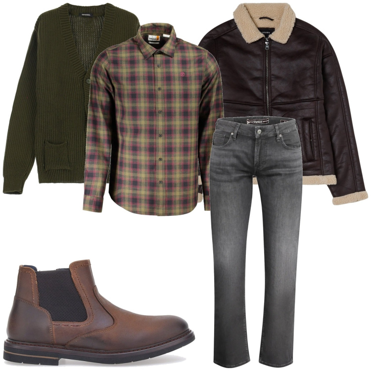 Outfit uomo - In casa di montagna. Stile Casual per Tutti i giorni. Abbinamento con giacche, cardigans, stivali e stivaletti, camicie, jeans.