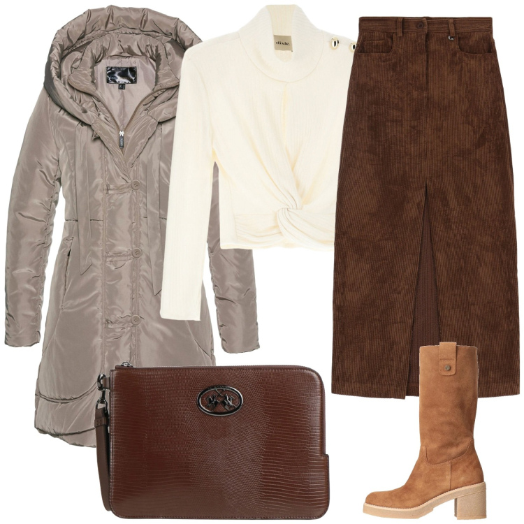 Outfit donna - Total look #2030722. Stile Casual per Tutti i giorni. Abbinamento con blazer, stivali, borse a mano, gonne lunghe, maglieria.