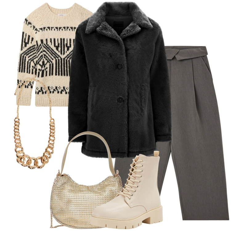 Outfit donna - Urban e un tocco glamour. Stile Urban per Tutti i giorni. Abbinamento con collane, cappotti, pantaloni, maglieria, borse a spalla, anfibi.