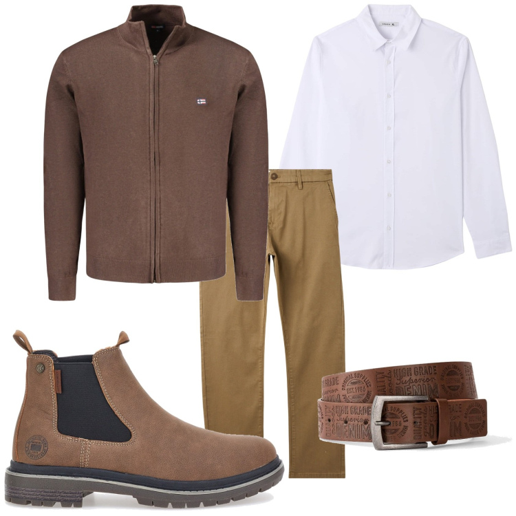 Outfit uomo - Mi vesto con poco. Stile Casual per Tutti i giorni. Abbinamento con cinture, camicie, pantaloni chino, cardigans, stivali e stivaletti.