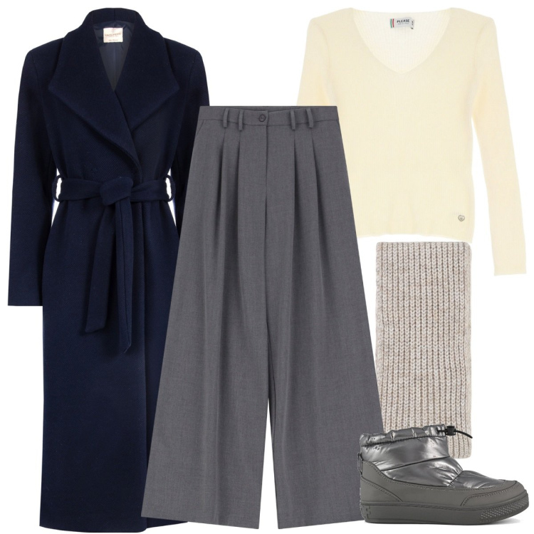 Outfit donna - New year, New Layers. Stile Casual chic per Ufficio. Abbinamento con pantaloni, maglieria, sciarpe, cappotti, stivaletti.