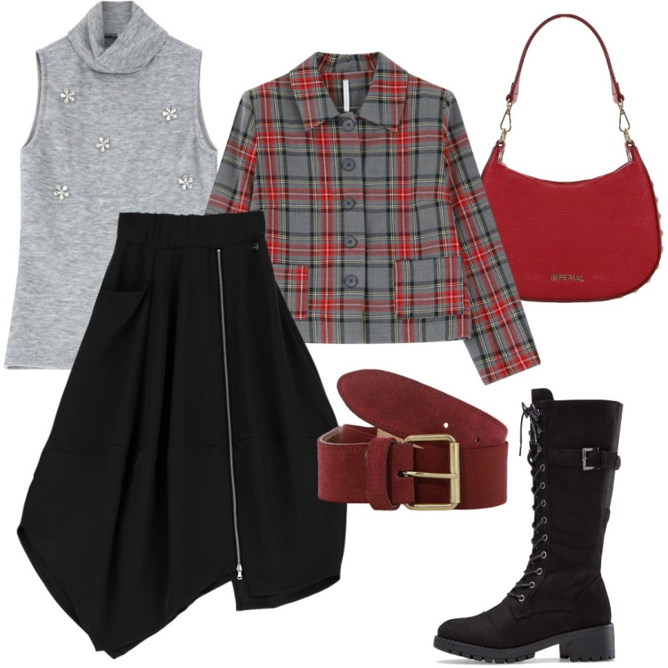Outfit donna - Intramontabile tessuto scozzese. Stile Urban per Tutti i giorni. Abbinamento con stivali, gonne longuette, blazer, maglieria, borse a spalla, cinture.