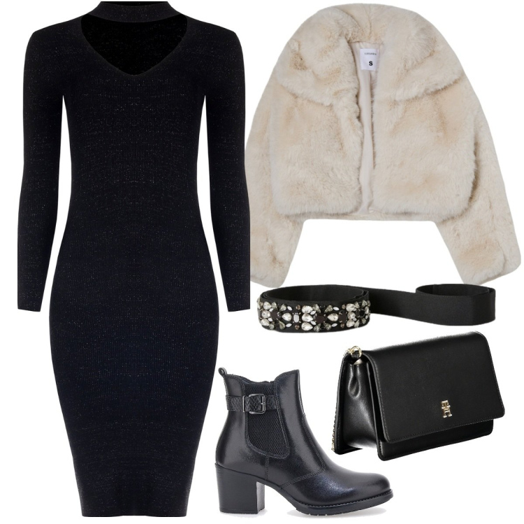 Outfit donna - Il wrap dress in lurex nero. Stile Chic per Serata fuori. Abbinamento con blazer, vestiti midi/longuette, stivaletti, cinture, borse a tracolla.
