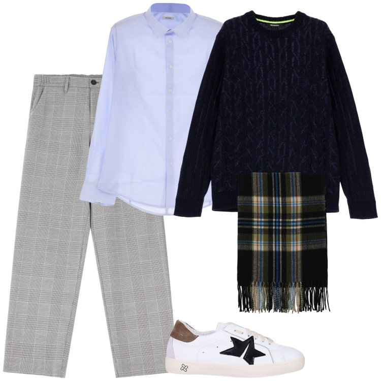 Outfit uomo - Stratificato. Stile Casual per Ufficio. Abbinamento con camicie, pantaloni, maglieria, sciarpe, sneakers.