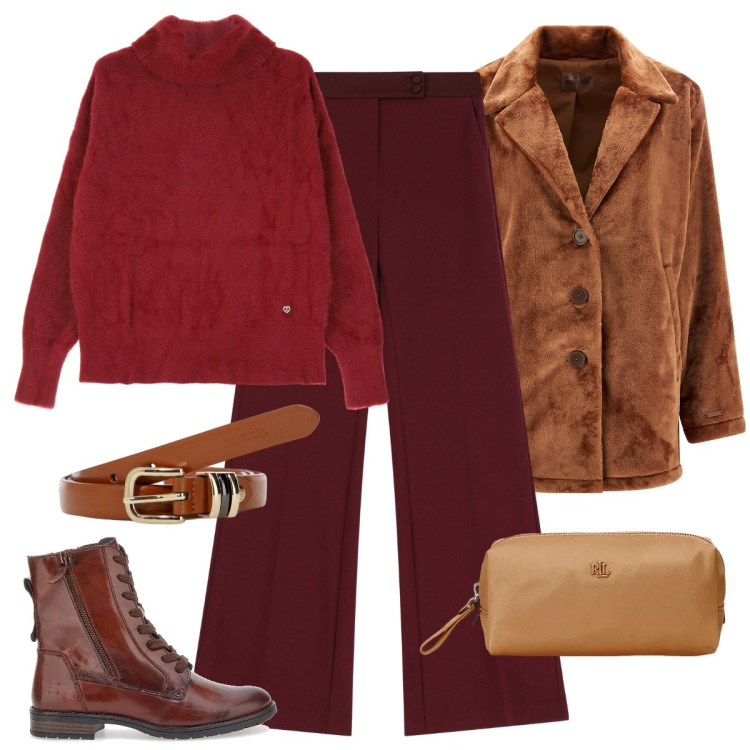 Outfit donna - Tonalità calde per gennaio. Stile Casual chic per Ufficio. Abbinamento con maglieria, pantaloni, cinture, cappotti, pochette, anfibi.