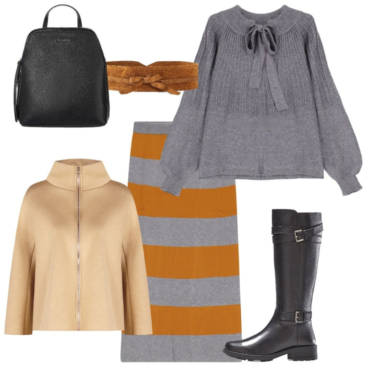 Outfit donna - La gonna righe. Stile Casual chic per Tutti i giorni. Abbinamento con stivali, cinture, cappe, zaini, pullovers, gonne longuette.