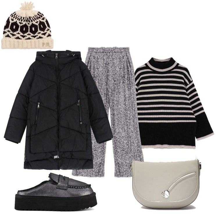 Outfit donna - Casual ma confortevole. Stile Casual chic per Tutti i giorni. Abbinamento con piumini, pantaloni a palazzo, maglieria, berretti, mocassini, borse a tracolla.