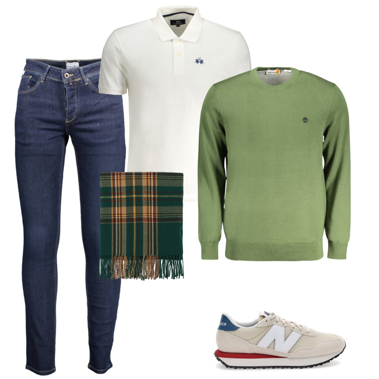 Outfit uomo - Relax per il weekend. Stile Casual per Tutti i giorni. Abbinamento con sciarpe, sneakers, maglieria, jeans slim fit, polo.