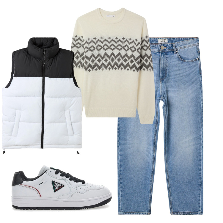 Outfit uomo - City. Stile Casual per Tutti i giorni. Abbinamento con piumini, jeans, maglieria, sneakers.