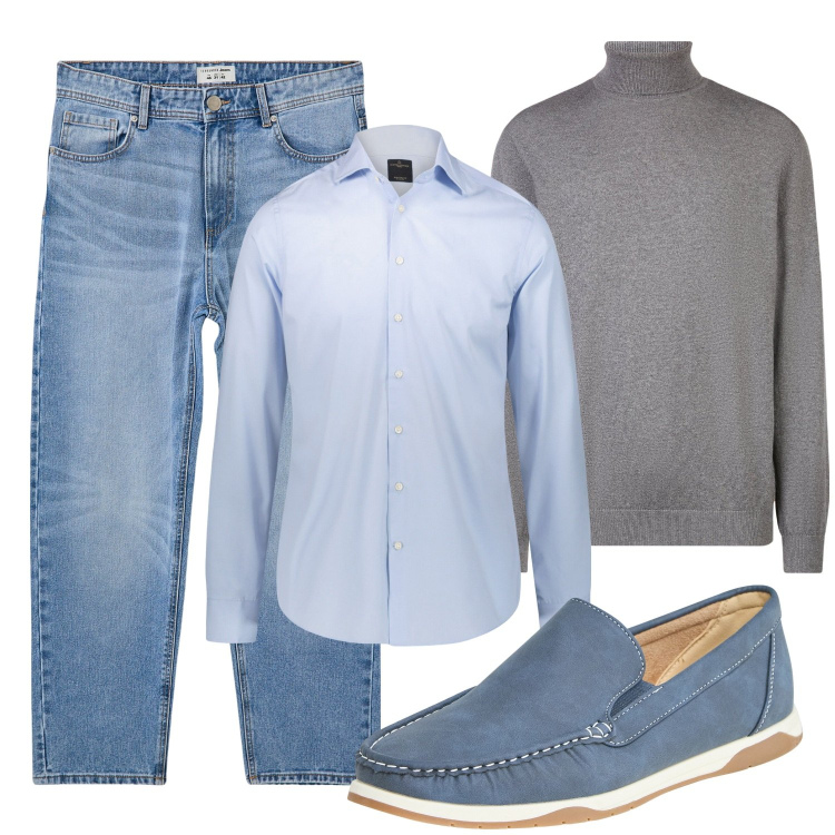 Outfit uomo - Layering. Stile Trendy per Ufficio. Abbinamento con scarpe stringate, jeans, camicie, maglieria.