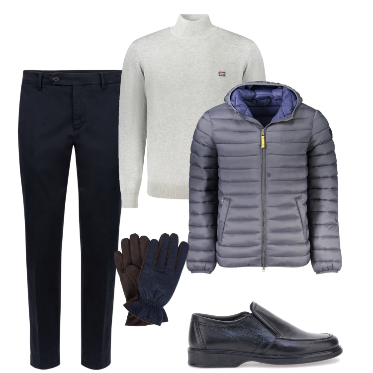 Outfit uomo - Lunedì mattina. Stile Casual per Ufficio. Abbinamento con guanti, scarpe stringate, giacche, pantaloni chino, maglieria.