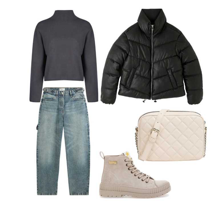Outfit donna - Shopping. Stile Basic per Tutti i giorni. Abbinamento con borse a tracolla, jeans, piumini, anfibi, cardigans.