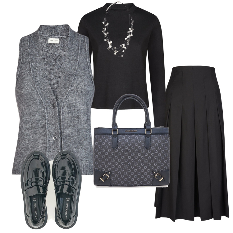 Outfit donna - Gennaio in ufficio. Stile Minimal per Ufficio. Abbinamento con borse a tracolla, mocassini, gonne longuette, maglieria, t-shirt, collane.