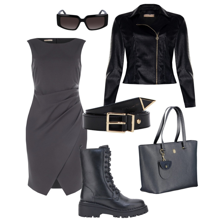 Outfit donna - City time con il wrap dress !. Stile Urban per Tutti i giorni. Abbinamento con vestiti a tubino, giacche, cinture, anfibi, borse a spalla, occhiali da sole.