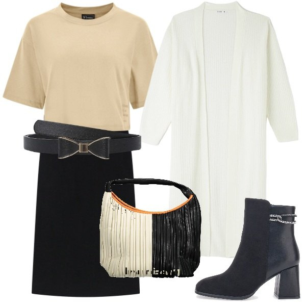 Outfit donna - Chic e casual. Stile Casual chic per Ufficio. Abbinamento con cinture, cardigans, t-shirt, gonne longuette, stivaletti, borse a spalla.