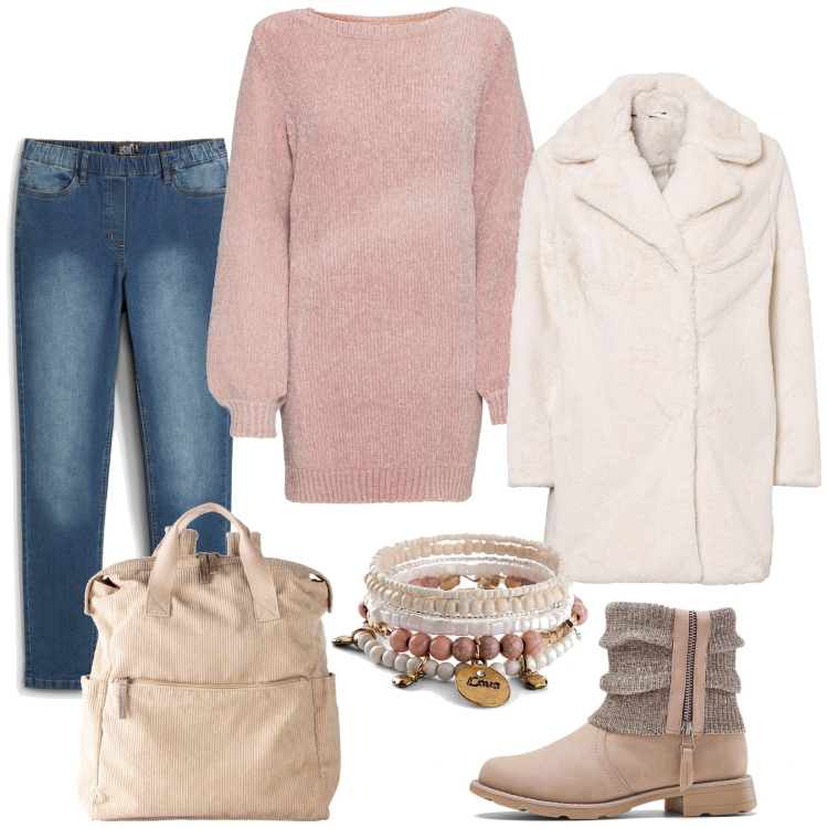 Outfit donna - Total look #2030869. Stile Casual per Tutti i giorni. Abbinamento con maglieria, zaini, jeggings, braccialetti, ecopellicce, stivaletti.