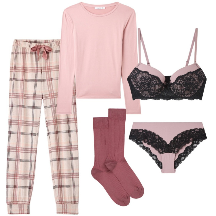 Outfit donna - Dolci sogni. Stile Romantica per Tutti i giorni. Abbinamento con reggiseni push-up, pigiama, culotte, t-shirt, calzini.