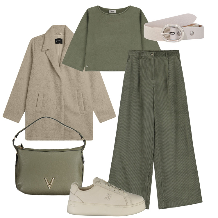 Outfit donna - Sherpa e velluto. Stile Casual per Tutti i giorni. Abbinamento con cappotti, pantaloni a palazzo, maglieria, cinture, borse a spalla, sneakers.