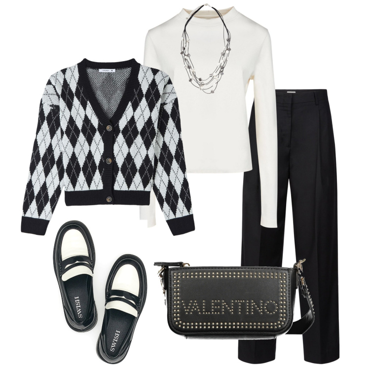 Outfit donna - Black and White. Stile Bon Ton per Ufficio. Abbinamento con cardigans, mocassini, pantaloni, t-shirt, collane, borse a spalla.