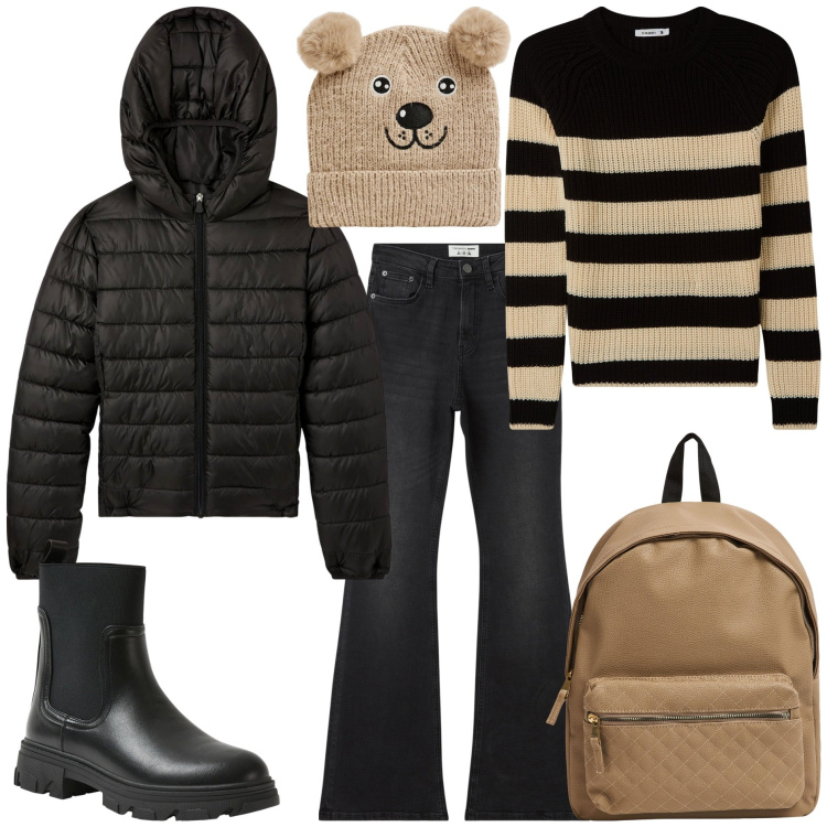 Outfit donna - Rientro a scuola. Stile Basic per Tutti i giorni. Abbinamento con maglieria, berretti, zaini, jeans a zampa, stivaletti chelsea, blazer.