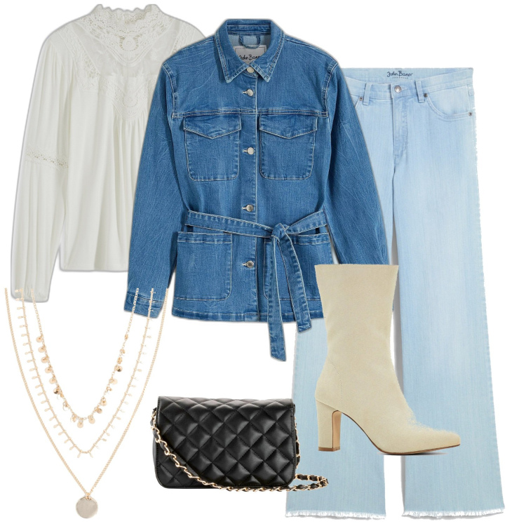 Outfit donna - Double denim. Stile Boho per Tutti i giorni. Abbinamento con jeans, collane, borse a tracolla, stivaletti, blazer, maglieria.