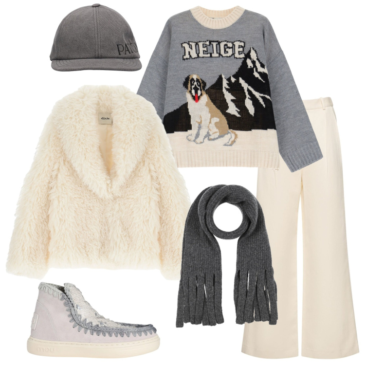 Outfit donna - Ultime feste in montagna. Stile Casual chic per Tutti i giorni. Abbinamento con sciarpe, stivaletti, blazer, maglieria, pantaloni, cappelli.