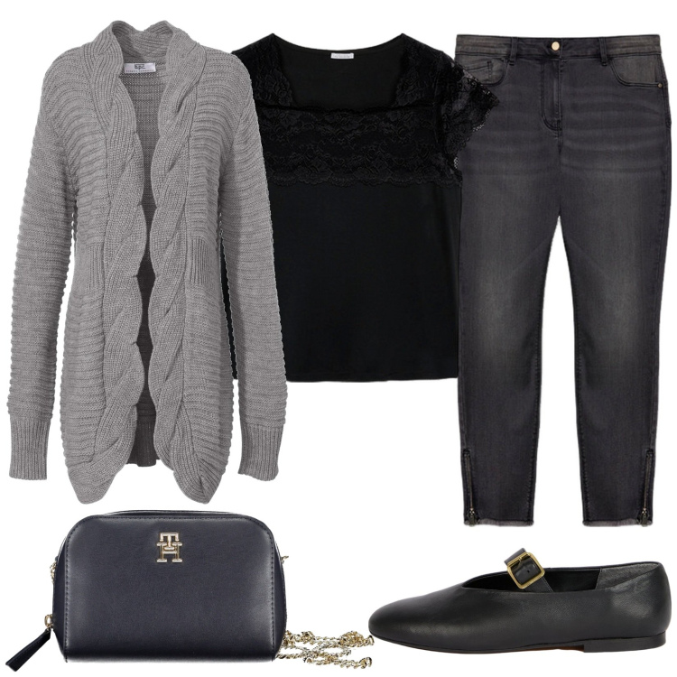 Outfit donna - Total look #2030891. Stile Casual per Tutti i giorni. Abbinamento con cardigans, t-shirt, borse a tracolla, ballerine, jeans skinny.