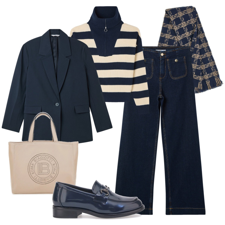 Outfit donna - Jeans palazzo e mocassini. Stile Urban per Tutti i giorni. Abbinamento con jeans, maglieria, blazer, sciarpe, mocassini, borse a tracolla.