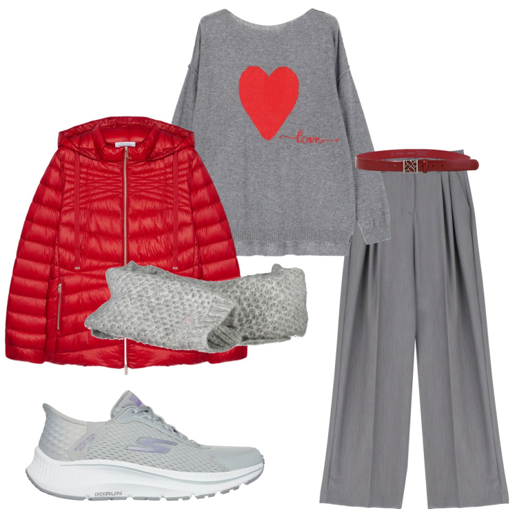 Outfit donna - Un cuore rosso. Stile Casual chic per Tutti i giorni. Abbinamento con pantaloni, cinture, maglieria, sneakers, piumini, sciarpe.