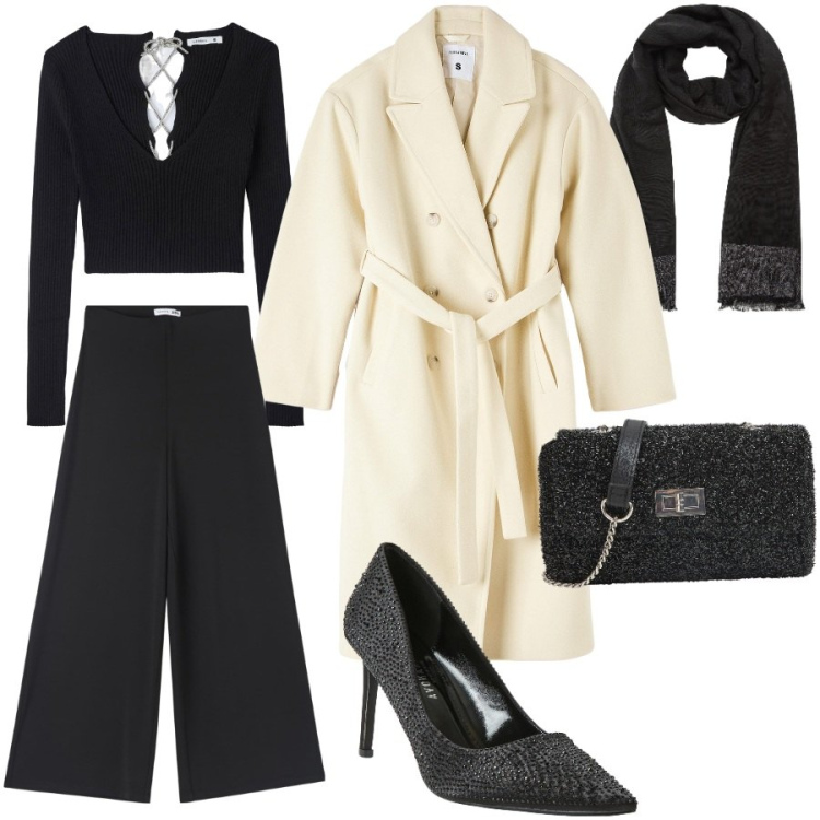 Outfit donna - Apericena brillante. Stile Chic per Serata fuori. Abbinamento con décolleté, borse a tracolla, maglieria, cappotti, pantaloni culotte, sciarpe.