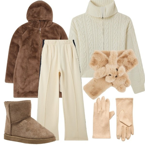 Outfit donna - In citta\' un po\' freddo. Stile Urban per Tutti i giorni. Abbinamento con sciarpe, pantaloni, ecopellicce, cardigans, stivaletti, guanti.