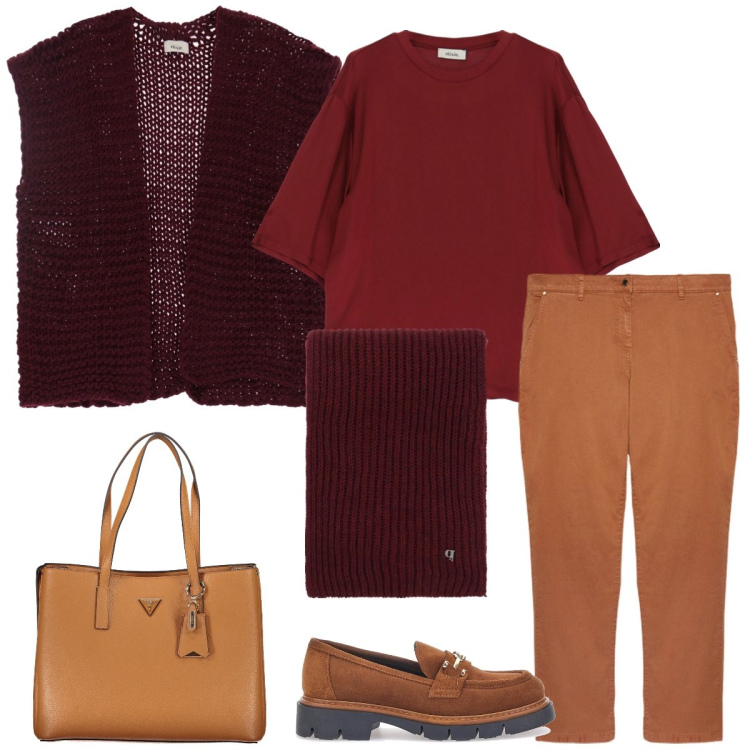 Outfit donna - Total look #2030928. Stile Casual per Tutti i giorni. Abbinamento con maglieria, gilet, sciarpe, mocassini, borse a spalla, pantaloni.