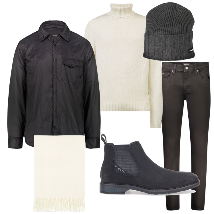 Outfit uomo - Rientro in ufficio. Stile Urban per Ufficio. Abbinamento con sciarpe, giacche, stivali e stivaletti, jeans skinny, berretti, maglieria.