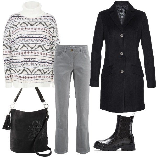 Outfit donna - Bonprix inverno. Stile Urban per Ufficio. Abbinamento con pantaloni, borse a mano, cappotti, stivaletti chelsea, maglieria.
