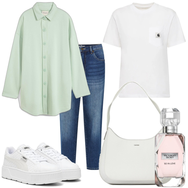 Outfit donna - Felpa lunga e jeans. Stile Urban per Tutti i giorni. Abbinamento con felpe, jeans mom, profumi, sneakers, borse a spalla, t-shirt.