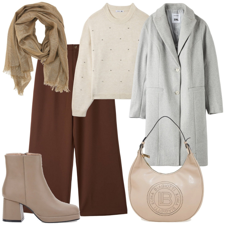 Outfit donna - La sciarpa oro. Stile Basic per Tutti i giorni. Abbinamento con cappotti, pantaloni, maglieria, stivaletti, borse a spalla, foulard.