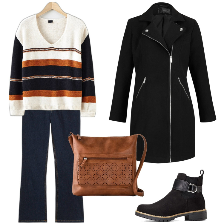 Outfit donna - Il jeans nero. Stile Casual per Tutti i giorni. Abbinamento con stivaletti, jeans bootcut, borse a tracolla, cappotti, maglieria.