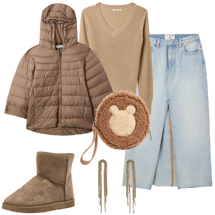 Outfit donna - Terranova saldi invernali. Stile Trendy per Tutti i giorni. Abbinamento con gonne lunghe, blazer, stivaletti, portafogli, maglieria, orecchini.