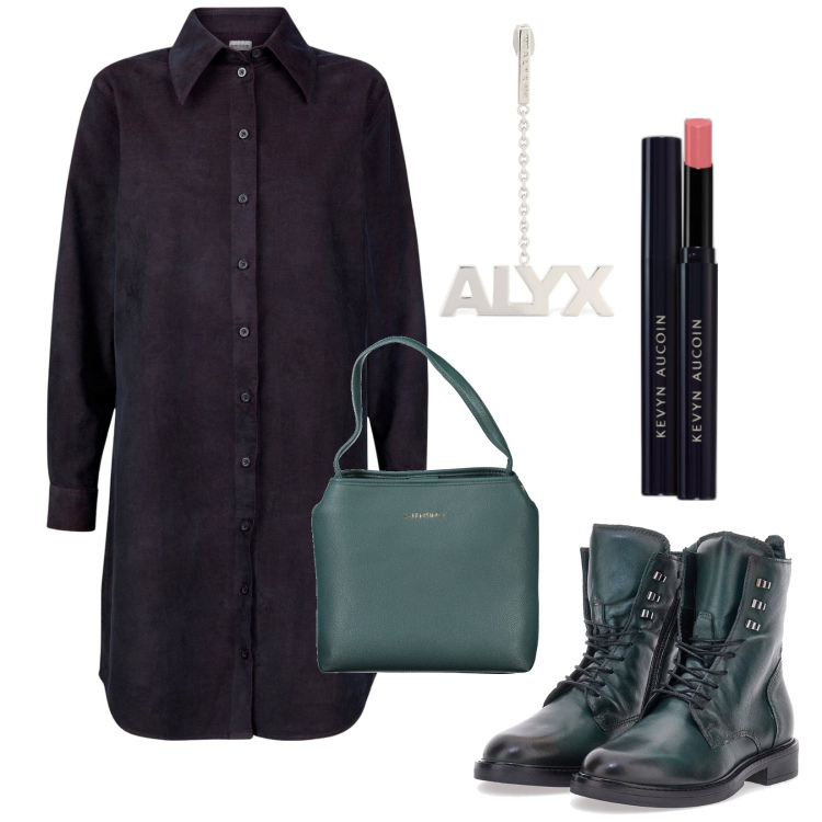 Outfit donna - L\'abito chemisier. Stile Trendy per Tutti i giorni. Abbinamento con rossetti, vestiti chemisier, anfibi, borse a spalla, orecchini.