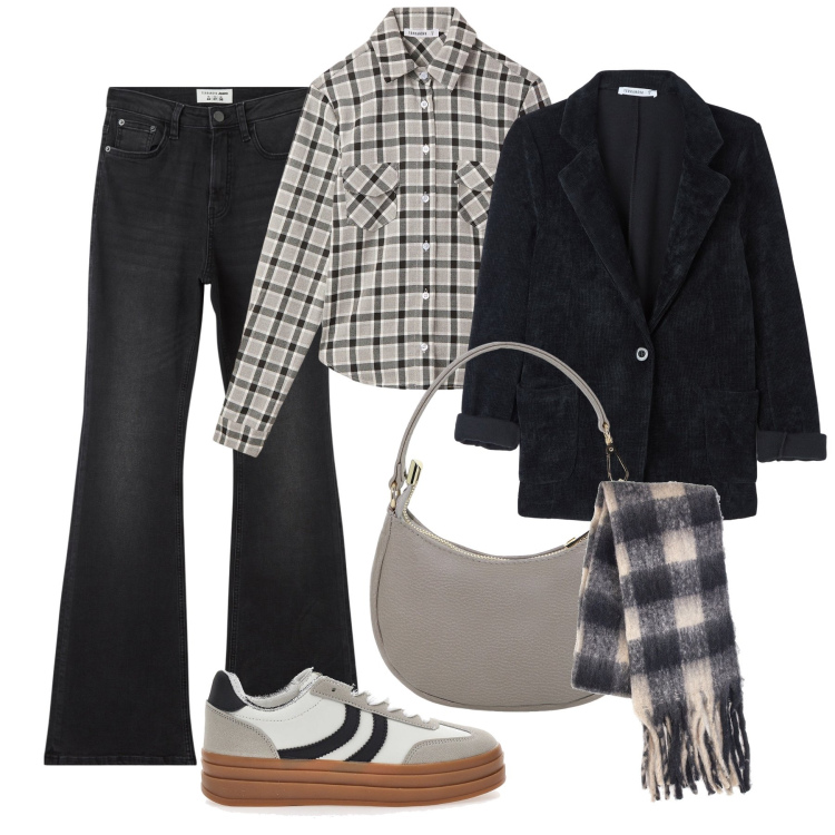 Outfit donna - Giacca ciniglia e camicia flanella. Stile Minimal per Tutti i giorni. Abbinamento con blazer, jeans a zampa, camicie, borse a spalla, sneakers, sciarpe.