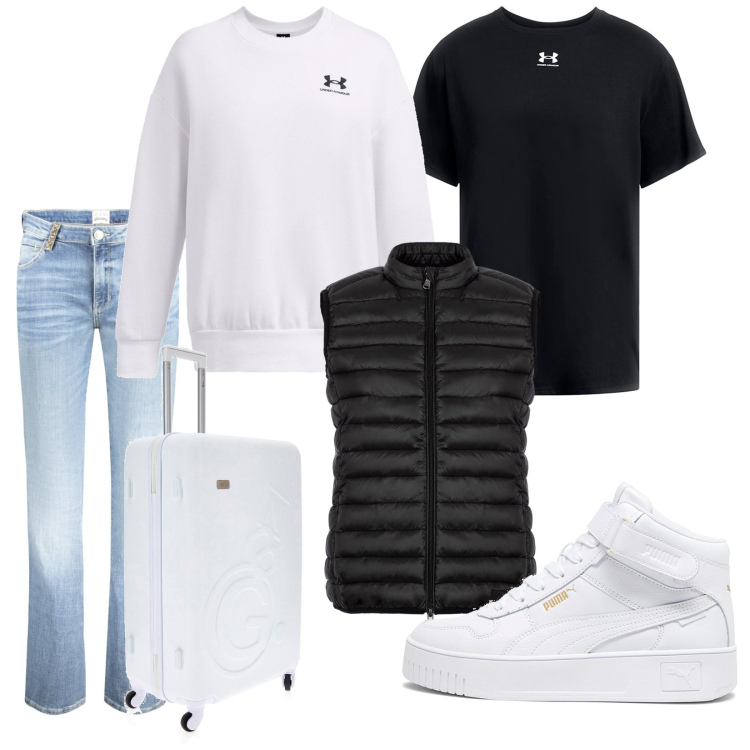 Outfit donna - I\'m ready. Stile Casual per Tutti i giorni. Abbinamento con piumini, sneakers, t-shirt, felpe, valigie, jeans dritti.
