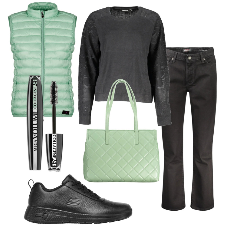 Outfit donna - Total look #2030996. Stile Casual per Tutti i giorni. Abbinamento con mascara, piumini, sneakers, borse a spalla, jeans dritti, maglieria.