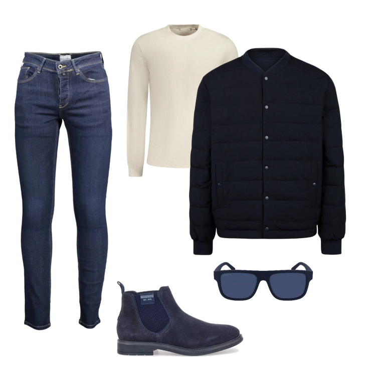 Outfit uomo - In Blue. Stile Casual per Tutti i giorni. Abbinamento con stivali e stivaletti, maglieria, occhiali da sole, jeans slim fit, piumini.