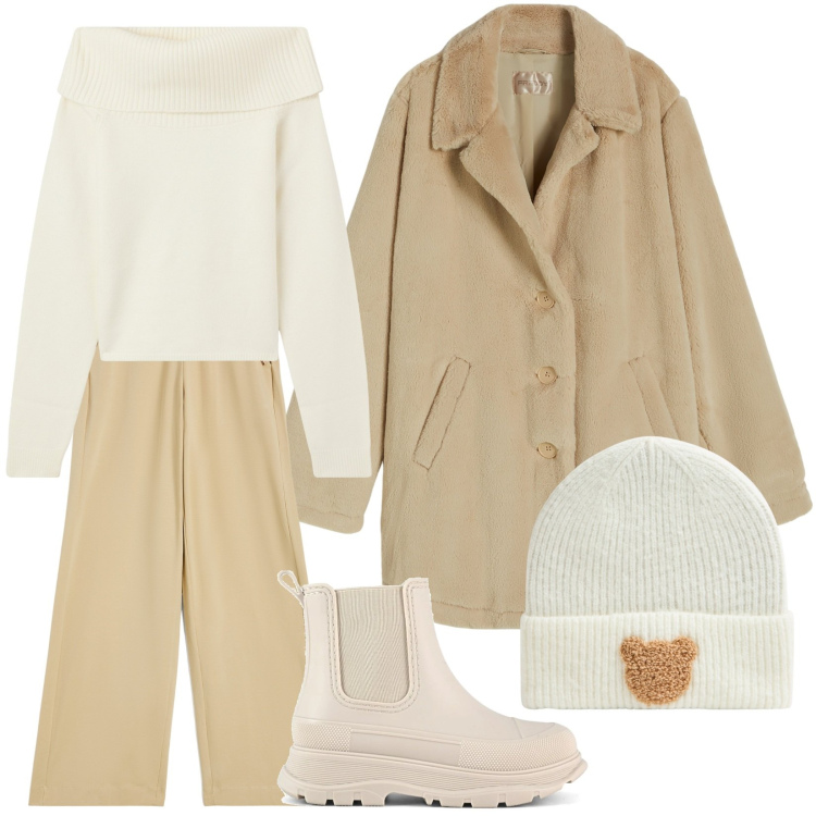 Outfit donna - Caldo inverno. Stile Casual per Tutti i giorni. Abbinamento con maglieria, berretti, cappotti, pantaloni a palazzo, stivali.