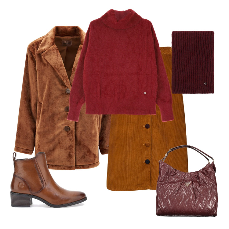 Outfit donna - Tonalità calde. Stile Vintage retrò per Tutti i giorni. Abbinamento con maglieria, cappotti, sciarpe, stivaletti, gonne longuette, borse a spalla.