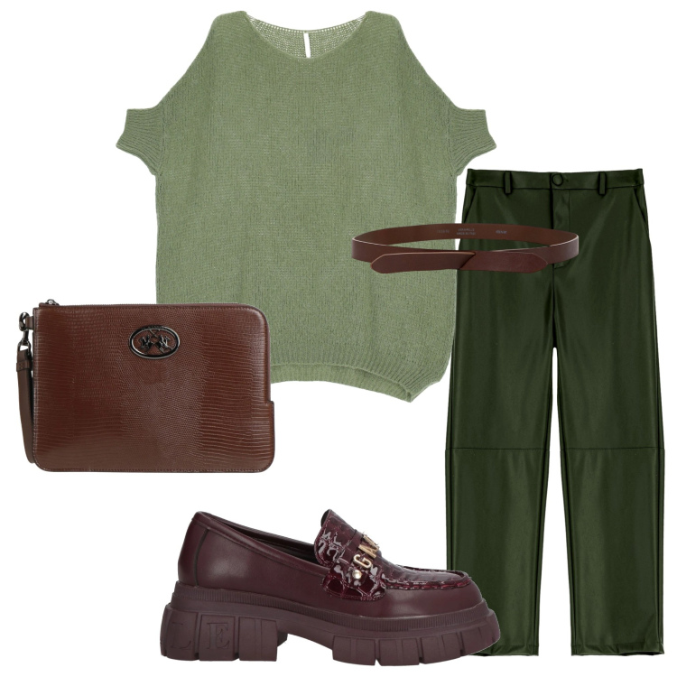 Outfit donna - Pantaloni ecopelle. Stile Casual chic per Serata fuori. Abbinamento con mocassini, borse a mano, pantaloni, pullovers, cinture.