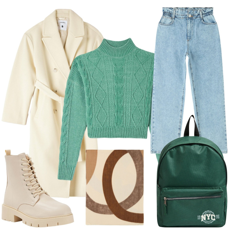 Outfit donna - New Year, New Layers. Stile Urban per Tutti i giorni. Abbinamento con maglieria, zaini, jeans, cappotti, anfibi, foulard.